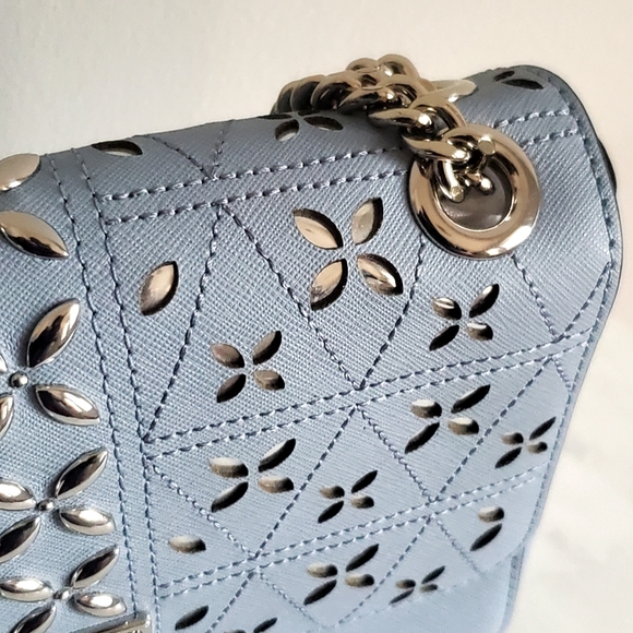 NEW • Michael Kors Tina Pale Blue💎 Chain Stud Perforated Floral Shoulder Bag - Picture 5 of 10